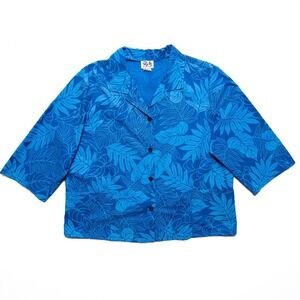 RM Malumi of Hawaii Blue Hawaiian Leaf Pattern Button Up Shirt Women XL